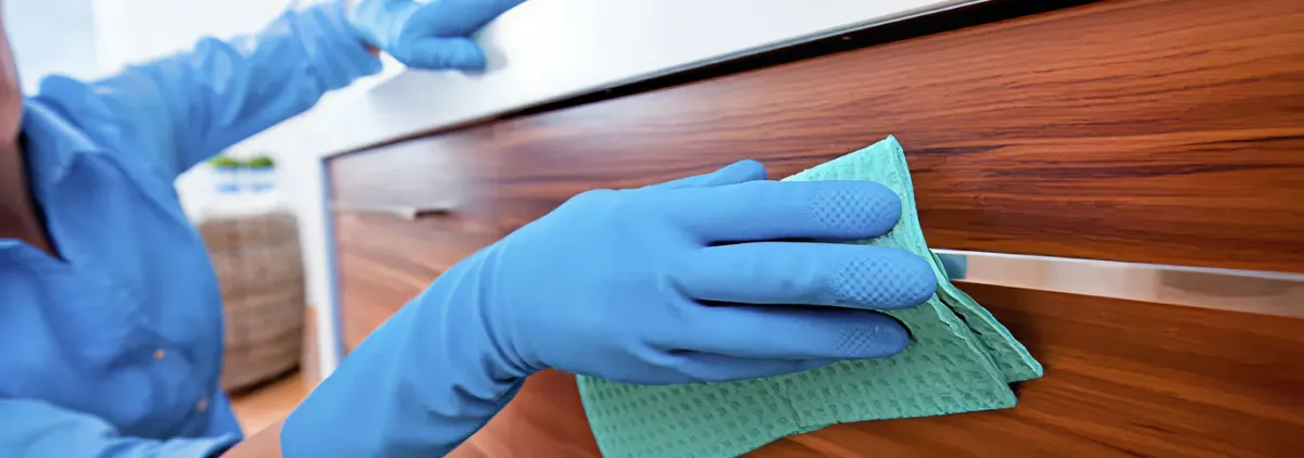 Cleaner wearing blue gloves wiping a wooden cabinet drawer with a microfiber cloth for dust and grime removal, Syracuse, NY.